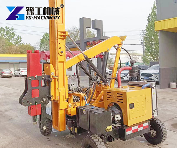 Mobile guardrail pile driving machine
