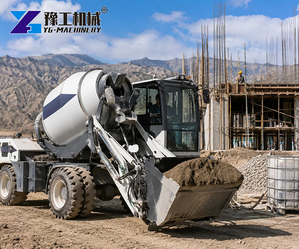 Self-loading concrete mixer at construction site